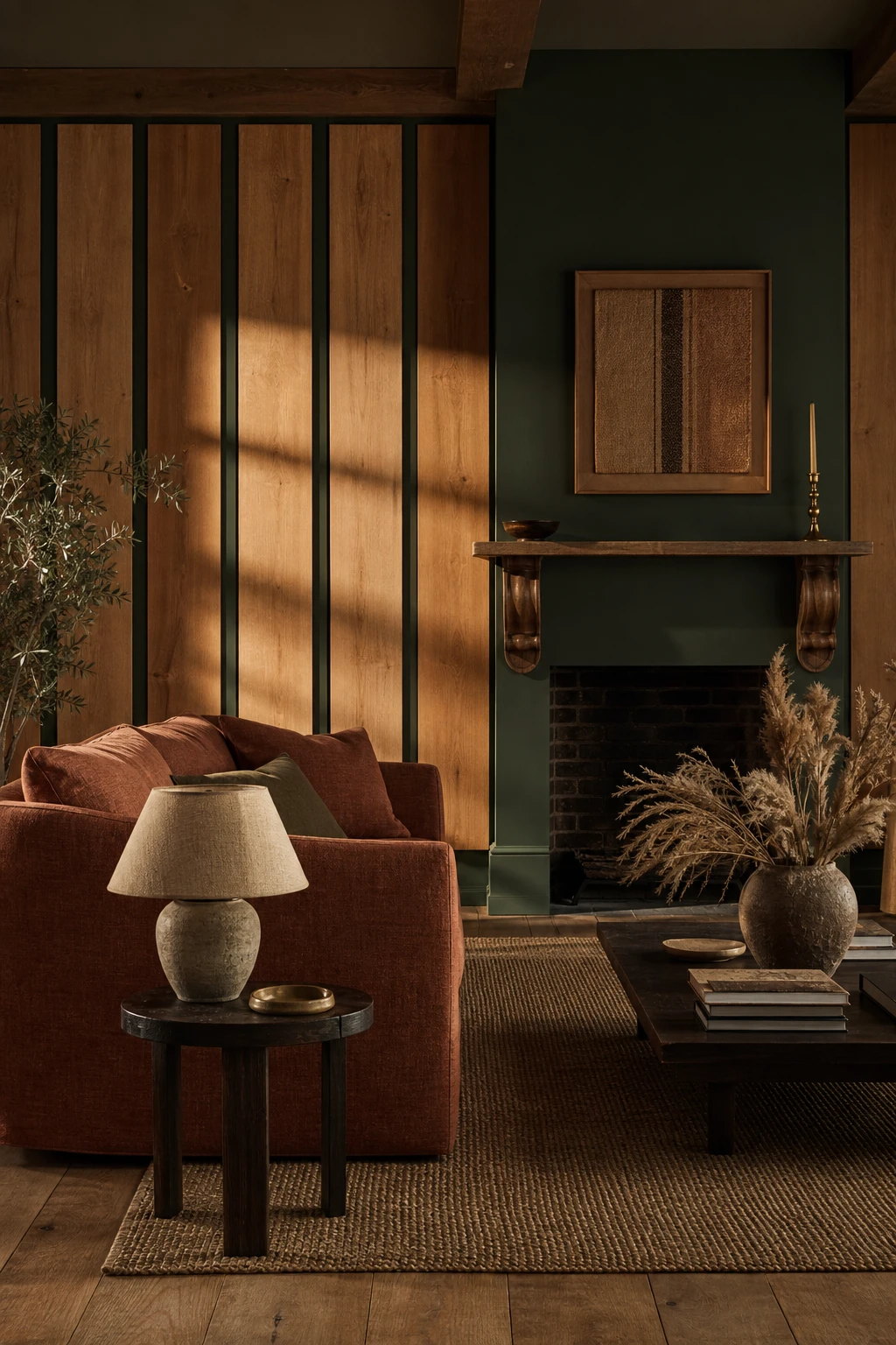 Dark green and terracotta living room with wood panelling as the hero feature, warm afternoon light, rich natural materials and deep jewel toned walls
