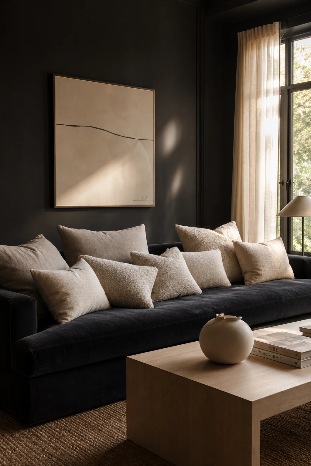 Dark sofa layered with cream cushions in a black and cream living room, Farrow and Ball Grate Black walls softened by warm natural light