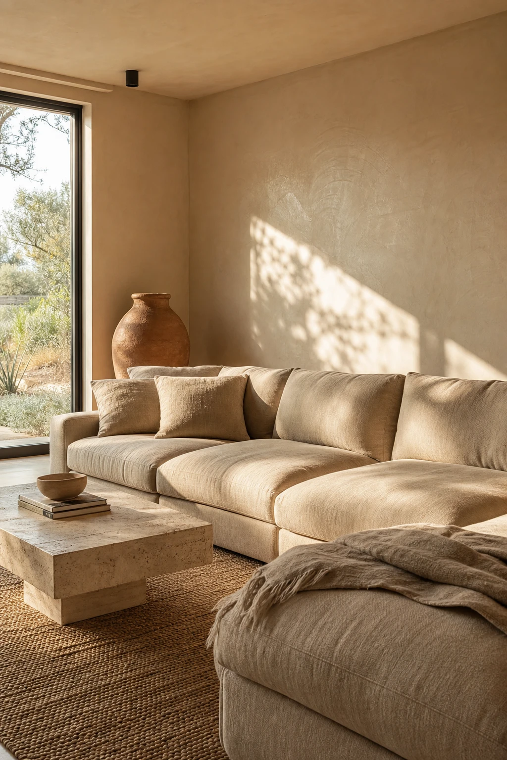 Earthy minimalist living room centred on a large beige sectional sofa against a warm neutral wall with natural light and simple organic accessories