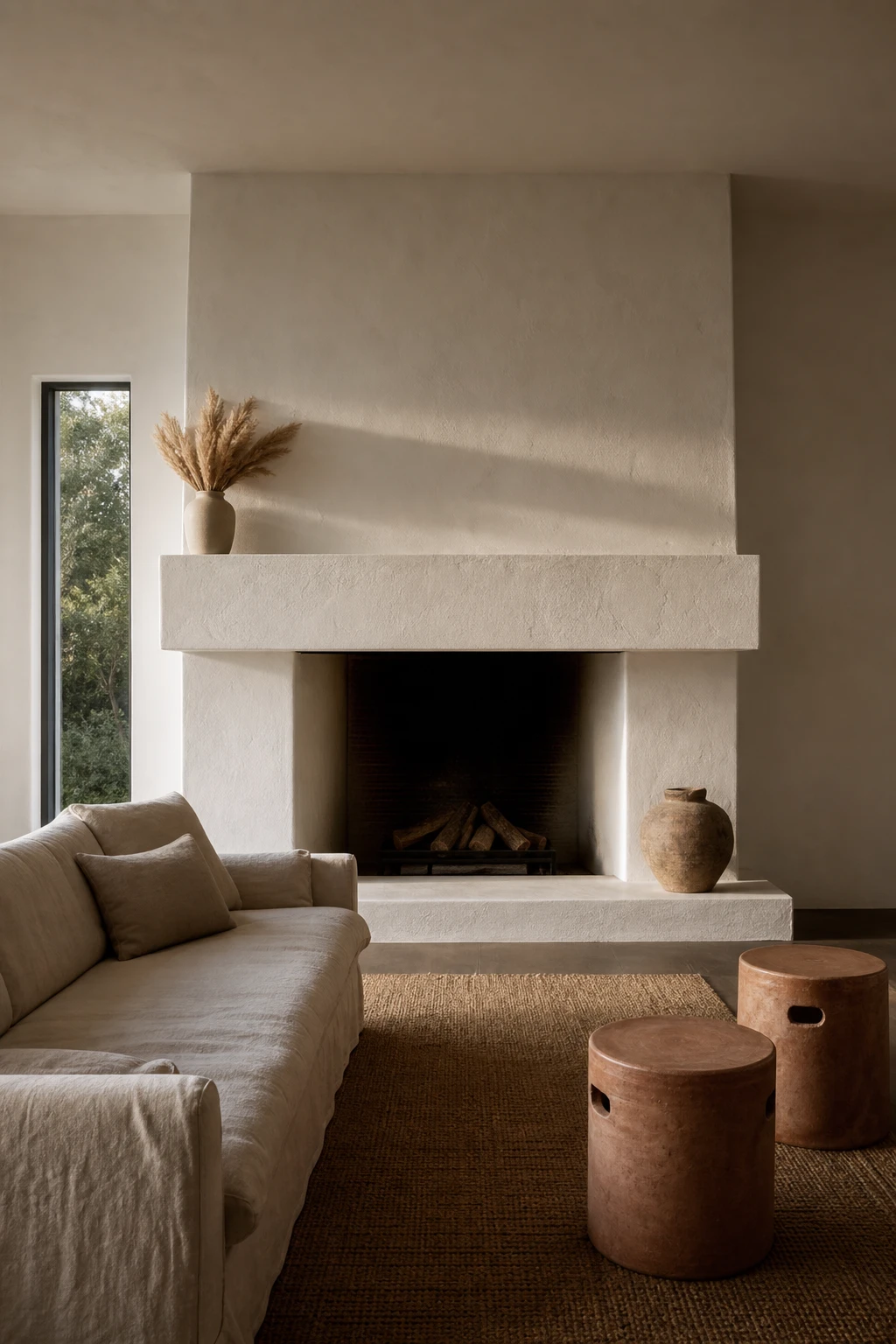 Earthy minimalist living room centred on a raw plaster fireplace painted All White, with low linen seating, a jute rug, and warm afternoon light