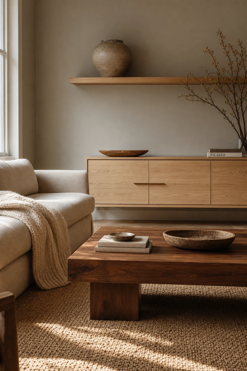 Earthy minimalist living room featuring mixed wood tones across furniture and shelving with warm neutral walls and soft natural light