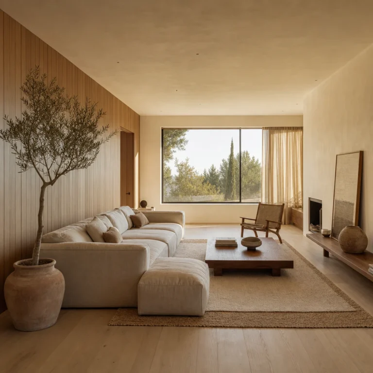 Earthy minimalist living room with a beige linen sectional sofa, low walnut coffee table, oak wall panelling, jute rug, and an indoor olive tree in warm west facing afternoon light.