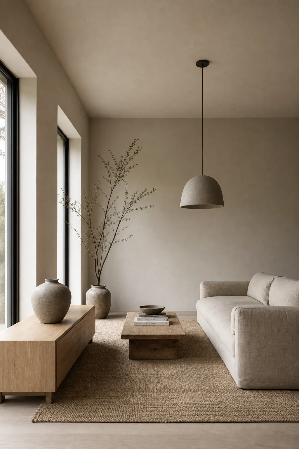 Earthy minimalist living room in Scandi style with warm neutral walls, raw linen sofa, pale oak floor, and a single ceramic vessel as a focal point