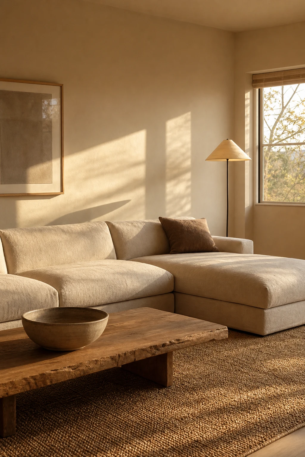 Earthy minimalist living room with a chaise sofa layout as the hero, warm neutral walls, textured linen upholstery, low wood coffee table, and soft natural light
