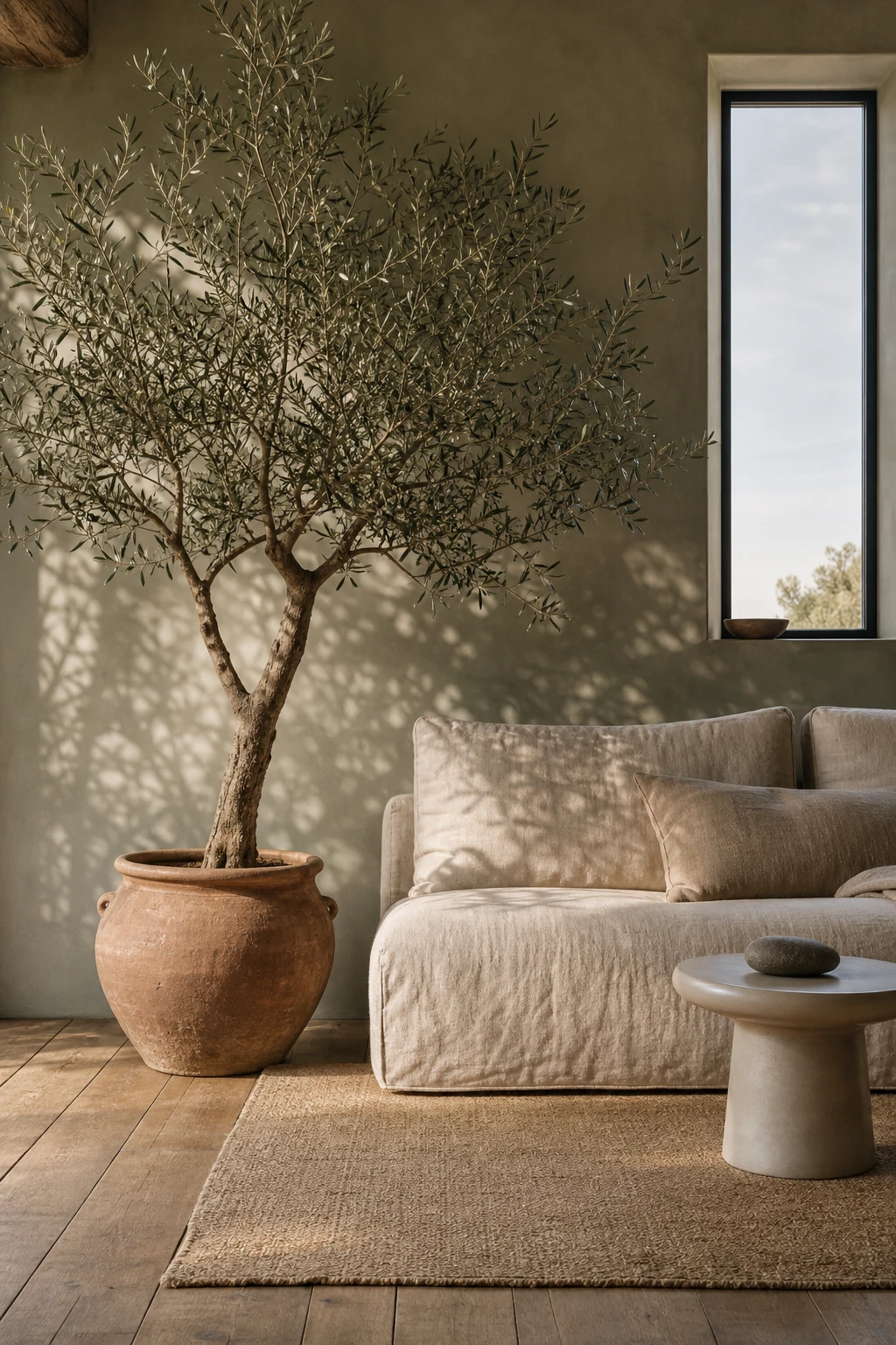 Earthy minimalist living room with a tall indoor olive tree as the hero plant beside a low linen sofa, sage green wall, and warm afternoon light
