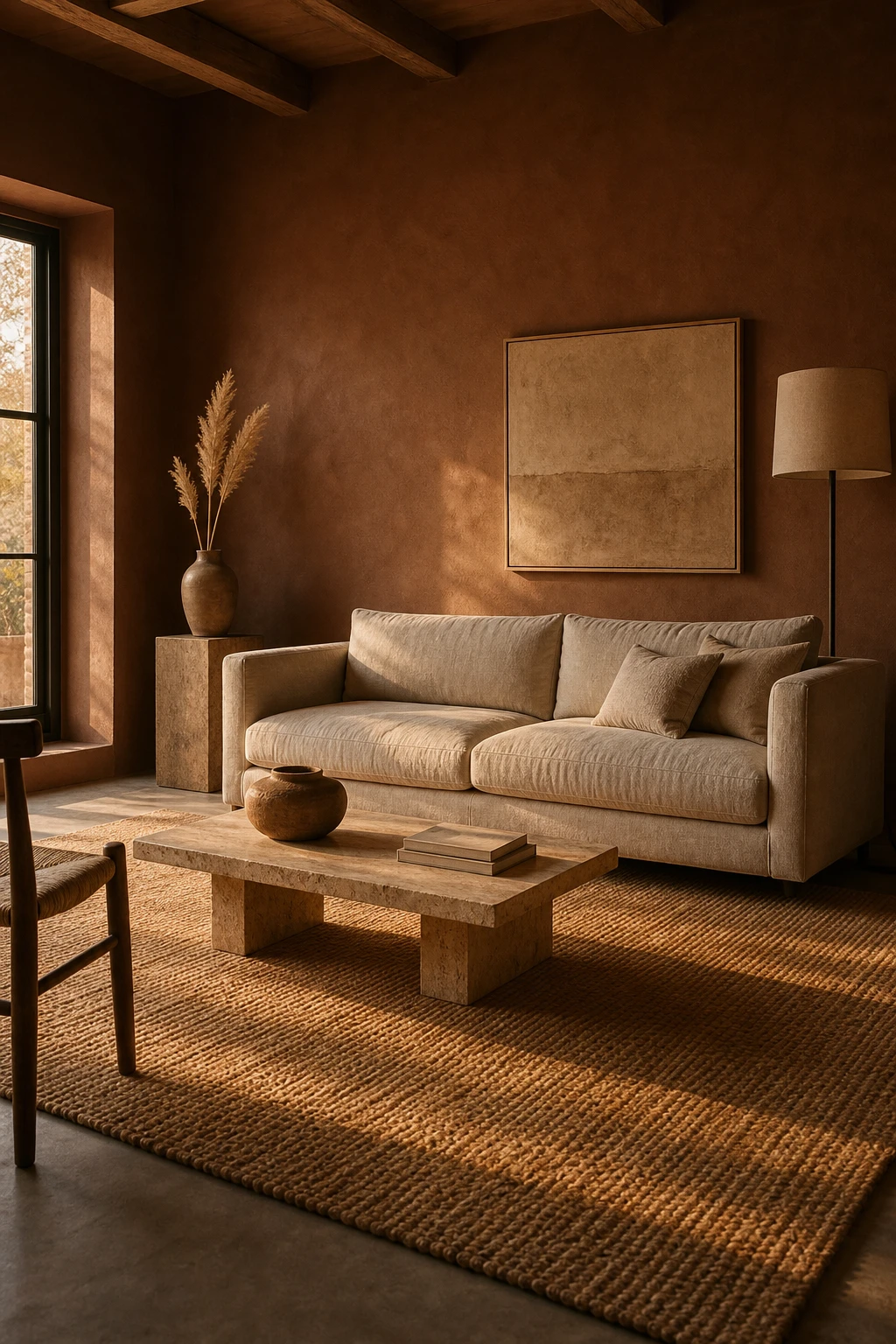 Earthy minimalist living room with a textured rug anchoring a beige sofa, warm natural light, Farrow and Ball Ringwold Ground walls