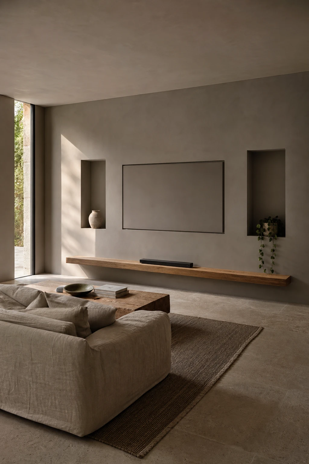 Earthy minimalist living room with a TV wall in Farrow and Ball Purbeck Stone, flanked by flush niches, raw linen seating and warm oak shelving