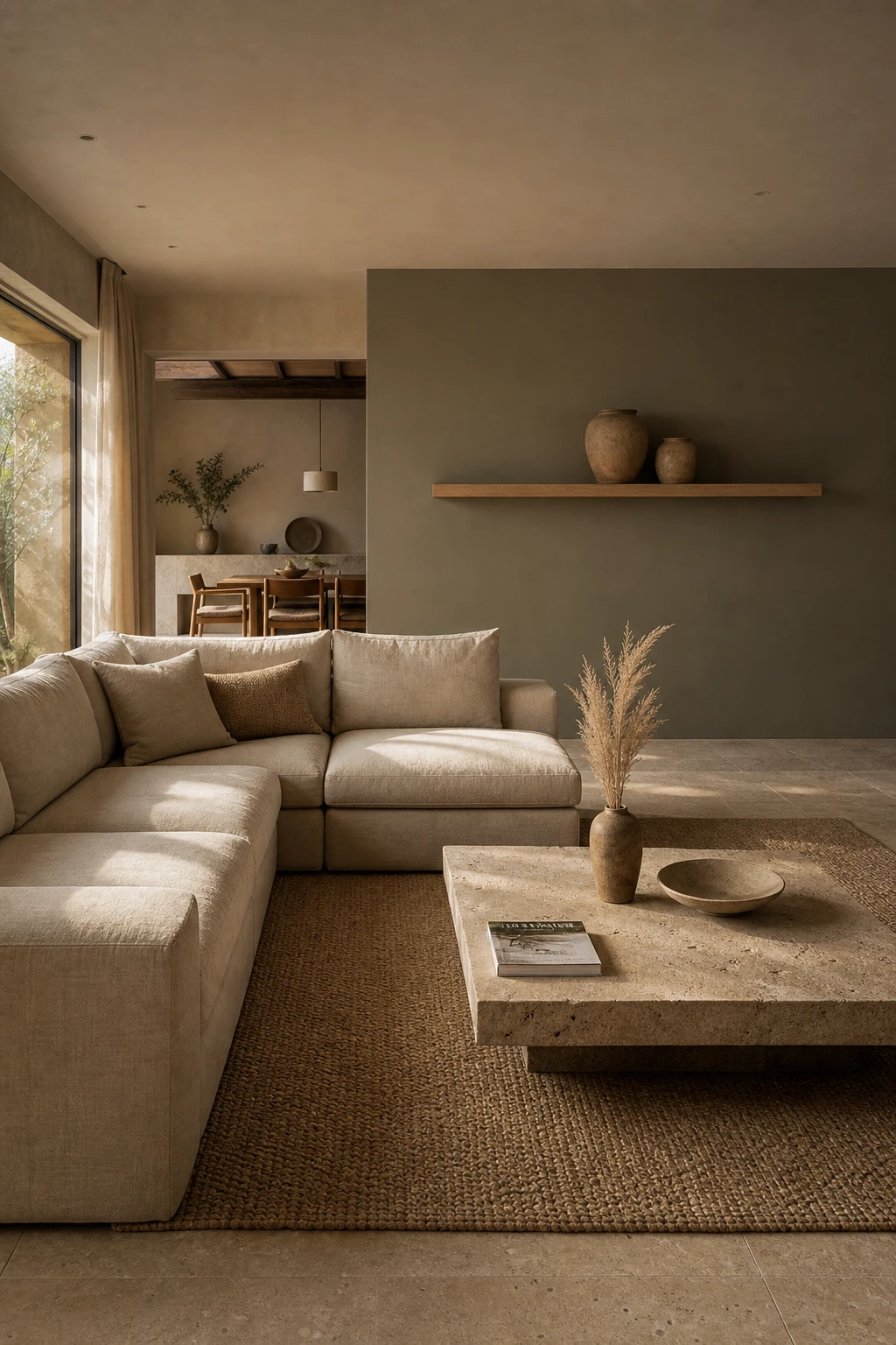 Earthy minimalist living room with an L shaped sofa layout defining the seating zone in warm neutral tones and natural materials