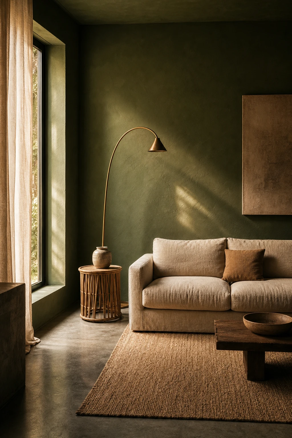 Earthy minimalist living room with bottle green walls painted in Farrow and Ball Studio Green, featuring a low linen sofa, rattan side table, and warm afternoon light