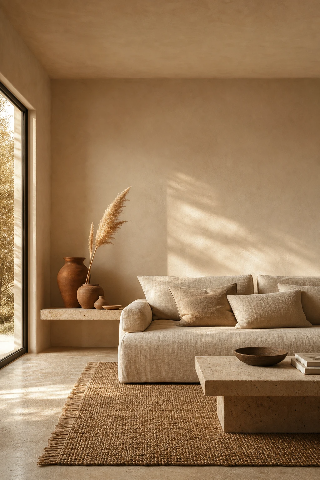 Earthy minimalist living room with cream walls in Farrow and Ball Pointing paint, linen sofa, jute rug, terracotta vessels and warm afternoon light