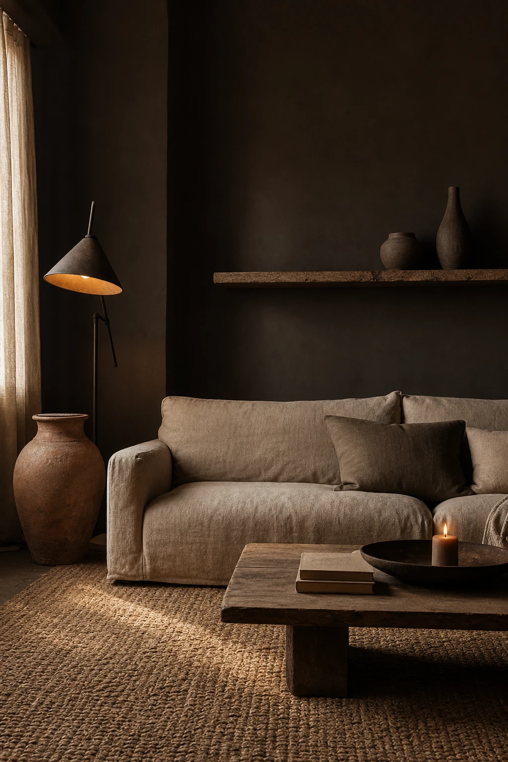 Earthy minimalist living room with dark moody interior featuring deep charcoal walls, low linen sofa, raw clay vessels and warm candlelight at dusk