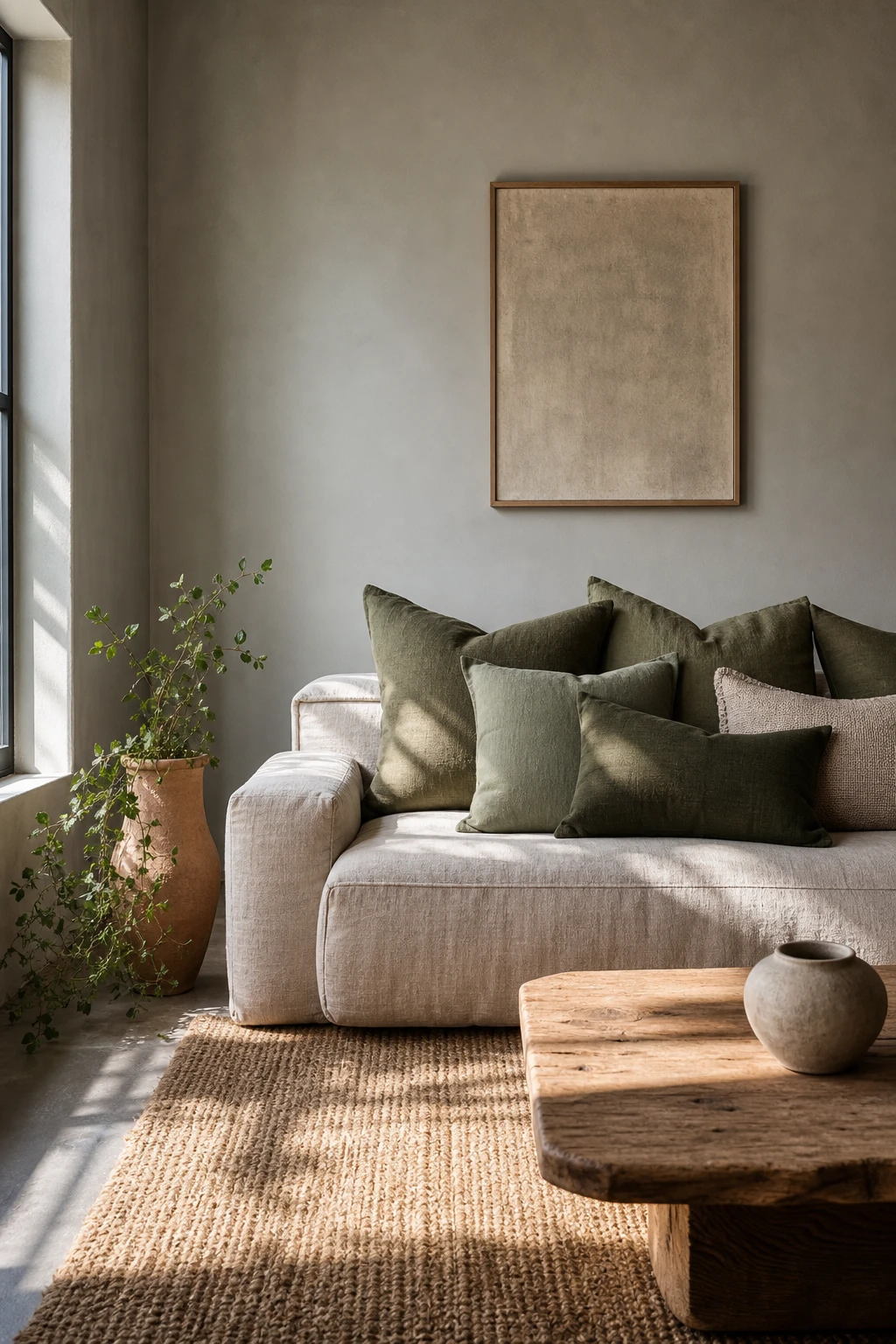 Earthy minimalist living room with green cushion styling as the hero feature, natural linen sofa, raw oak coffee table, and Farrow & Ball Ash Grey walls in soft afternoon light