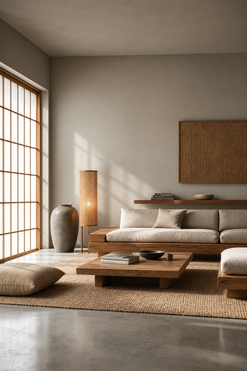 Earthy minimalist living room with Japandi calm, warm neutral walls, low wooden furniture, woven textures, and soft natural light from shoji style windows