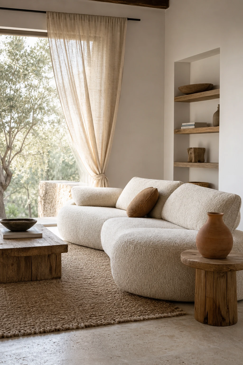 Earthy minimalist living room with light and airy feel, sheer linen drapes, low profile sofa, jute rug, and Farrow and Ball All White walls in soft natural daylight