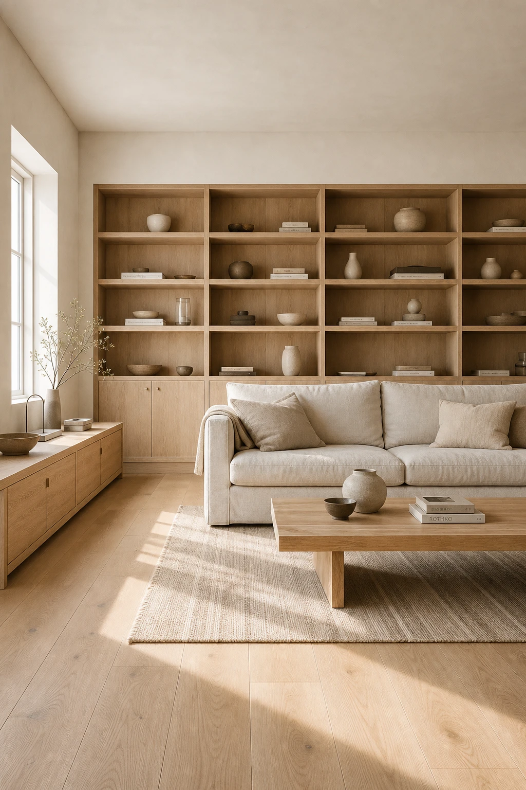 Earthy minimalist living room with light oak shelving and floor as hero, Farrow and Ball Clunch walls, linen sofa, woven rug, afternoon side light