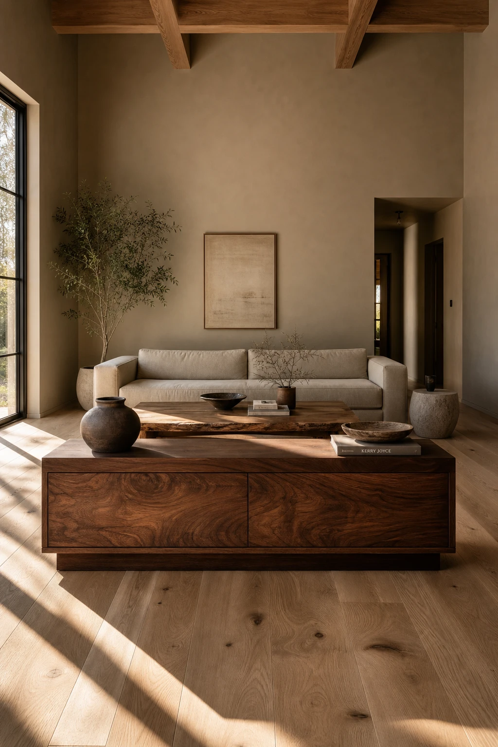 Earthy minimalist living room with natural wood as the hero feature, warm linen sofa, stone side table, and Farrow & Ball String walls in soft afternoon light