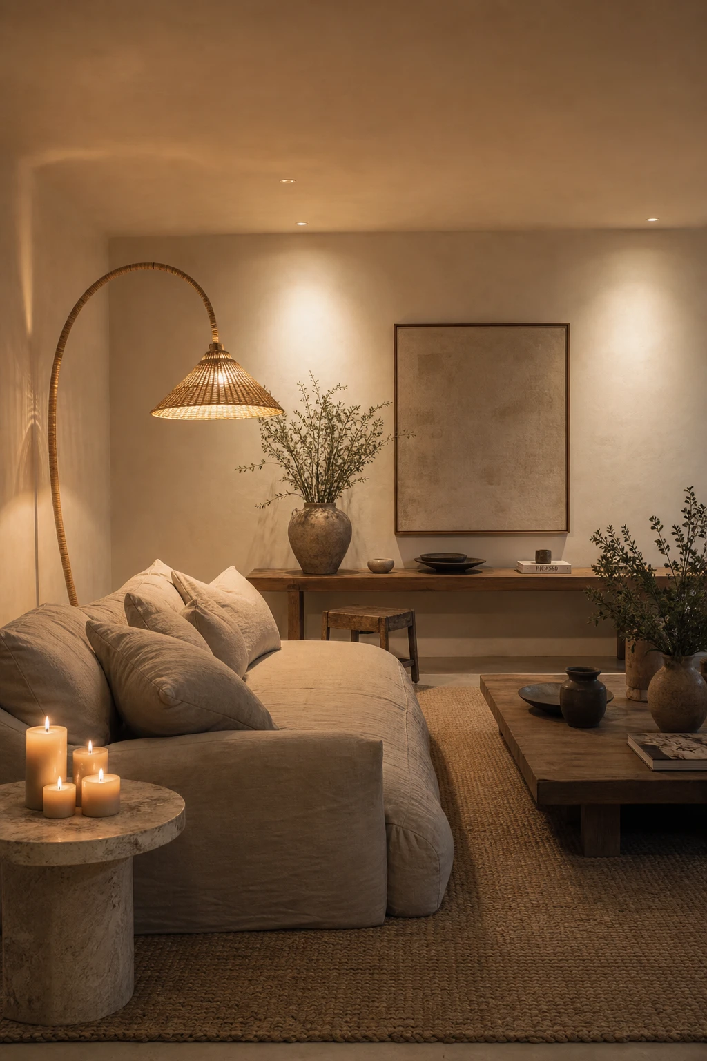 Earthy minimalist living room with no windows, warm artificial lighting, low linen sofa, textured plaster walls in Farrow & Ball Lime White, and rattan floor lamp