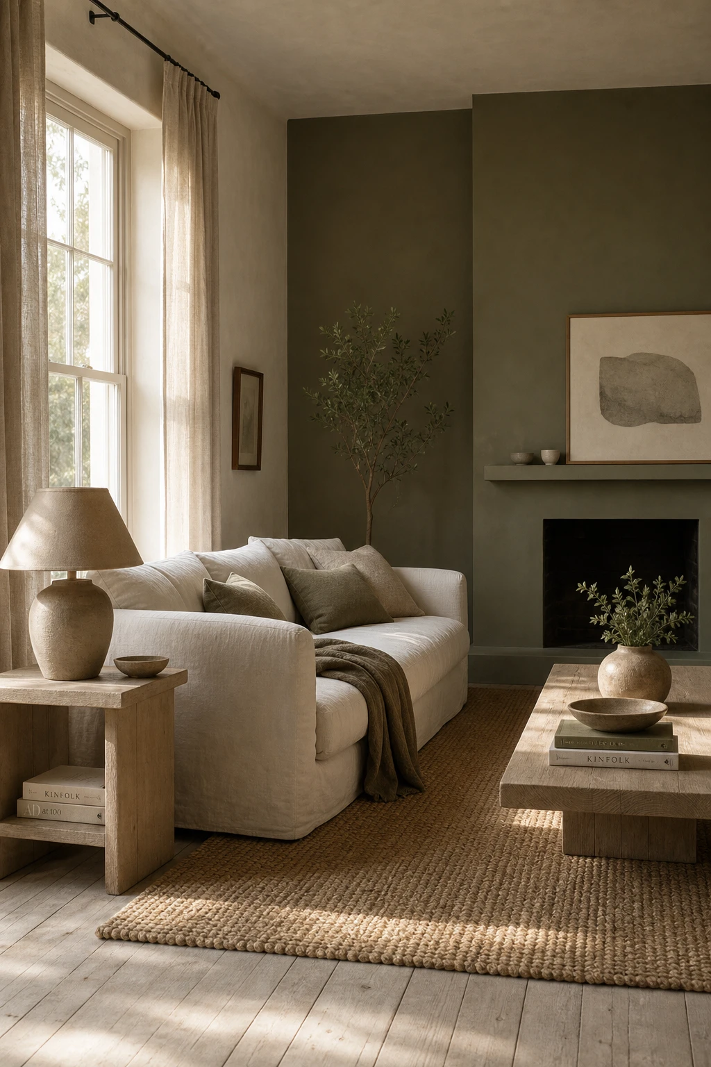 Earthy minimalist living room with olive green and cream tones, linen sofa, raw plaster walls, jute rug, and tall casement windows in soft afternoon light