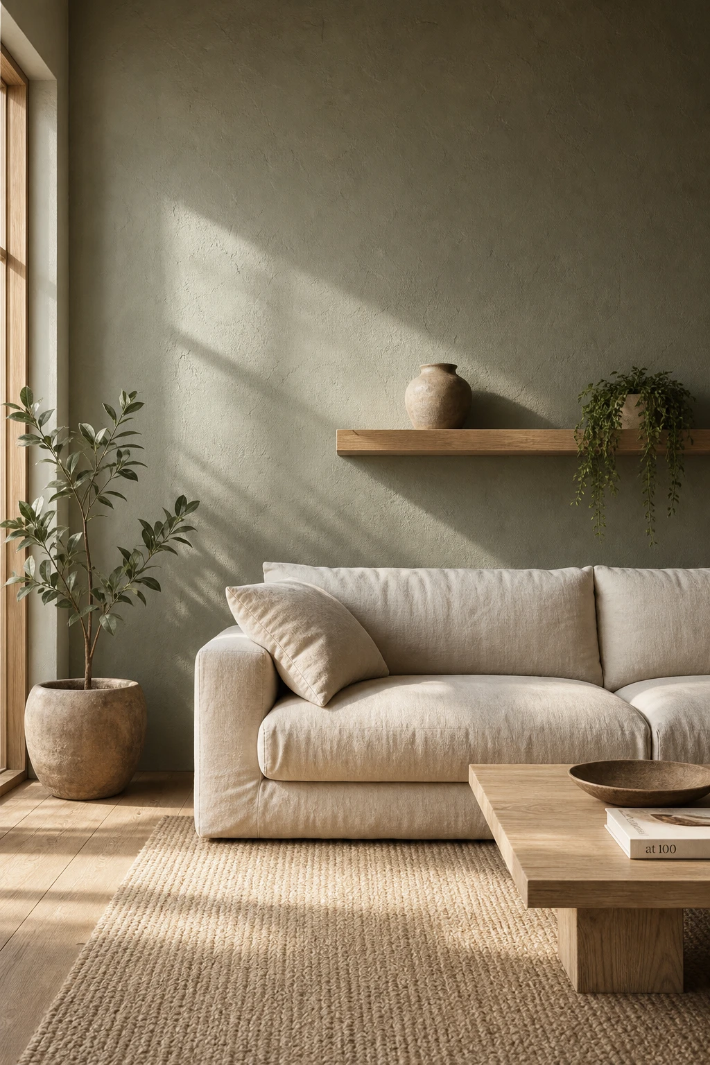 Earthy minimalist living room with sage green and warm beige tones, linen sofa, natural wood shelf, woven rug, and soft afternoon light on plastered walls