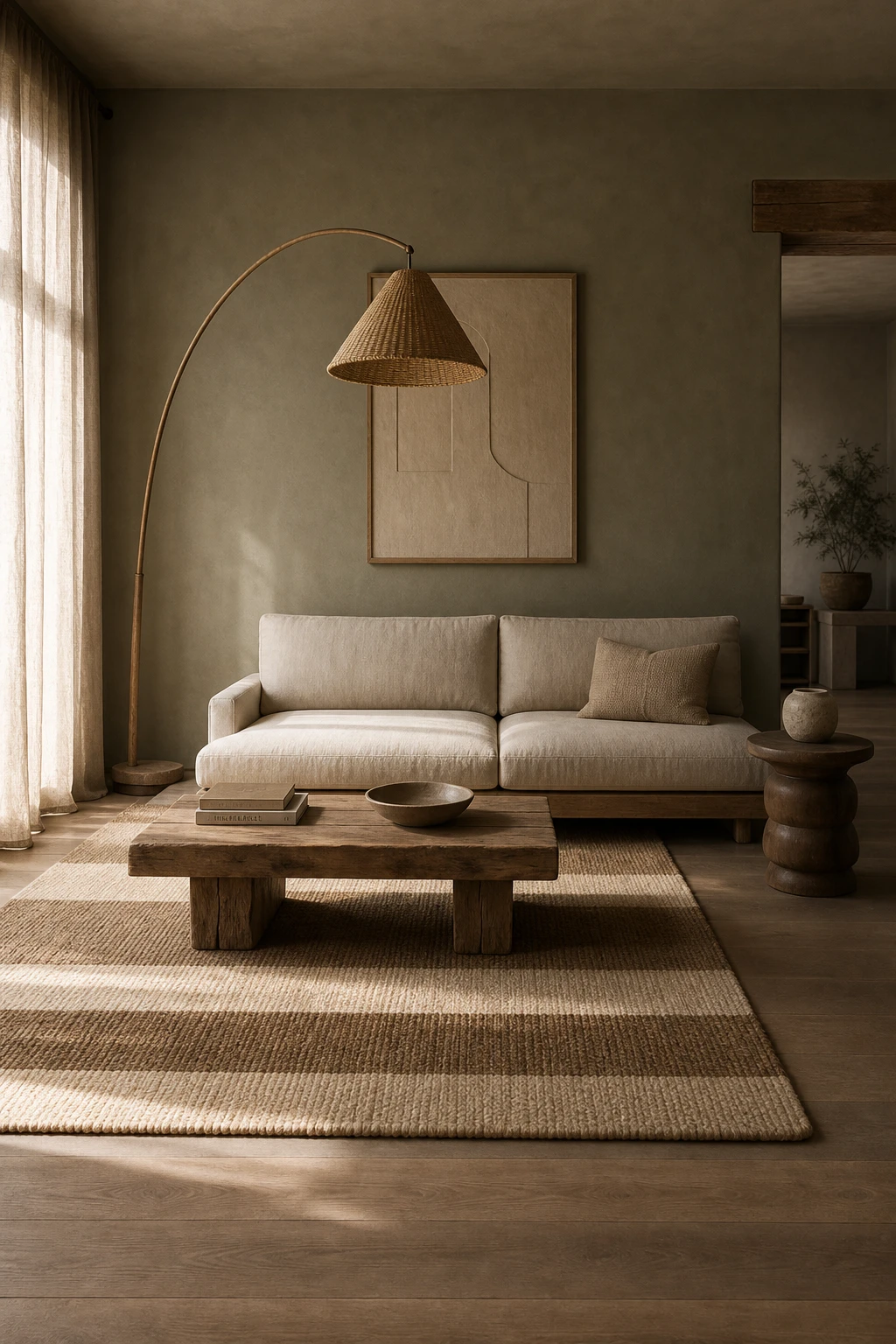 Earthy minimalist living room with sage green, cream and brown tones, featuring Farrow & Ball Calke Green walls, linen sofa and natural wood details