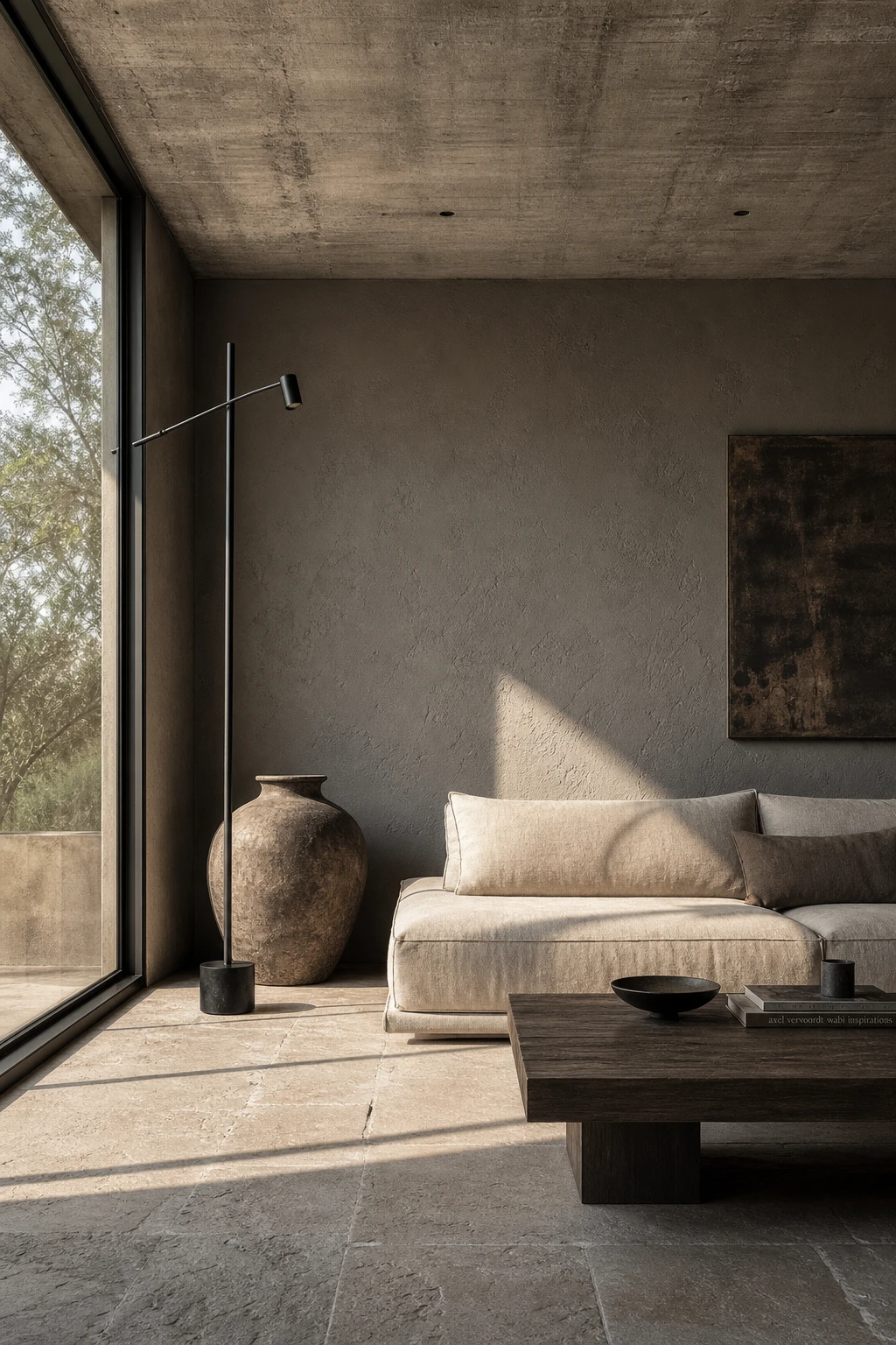 Earthy minimalist living room with soft brutalist concrete and raw plaster walls painted Farrow and Ball Worsted grey, linen sofa, stone floor, warm afternoon light