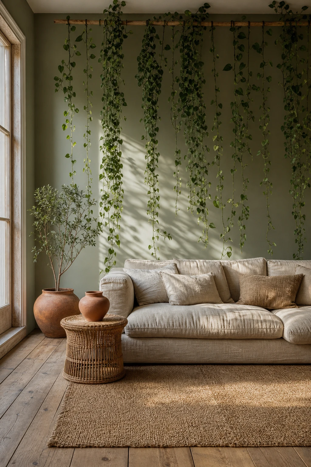 Earthy minimalist living room with trailing hanging vines as the hero feature, warm natural light, raw linen sofa, rattan accents and Farrow and Ball Vichyssoise walls
