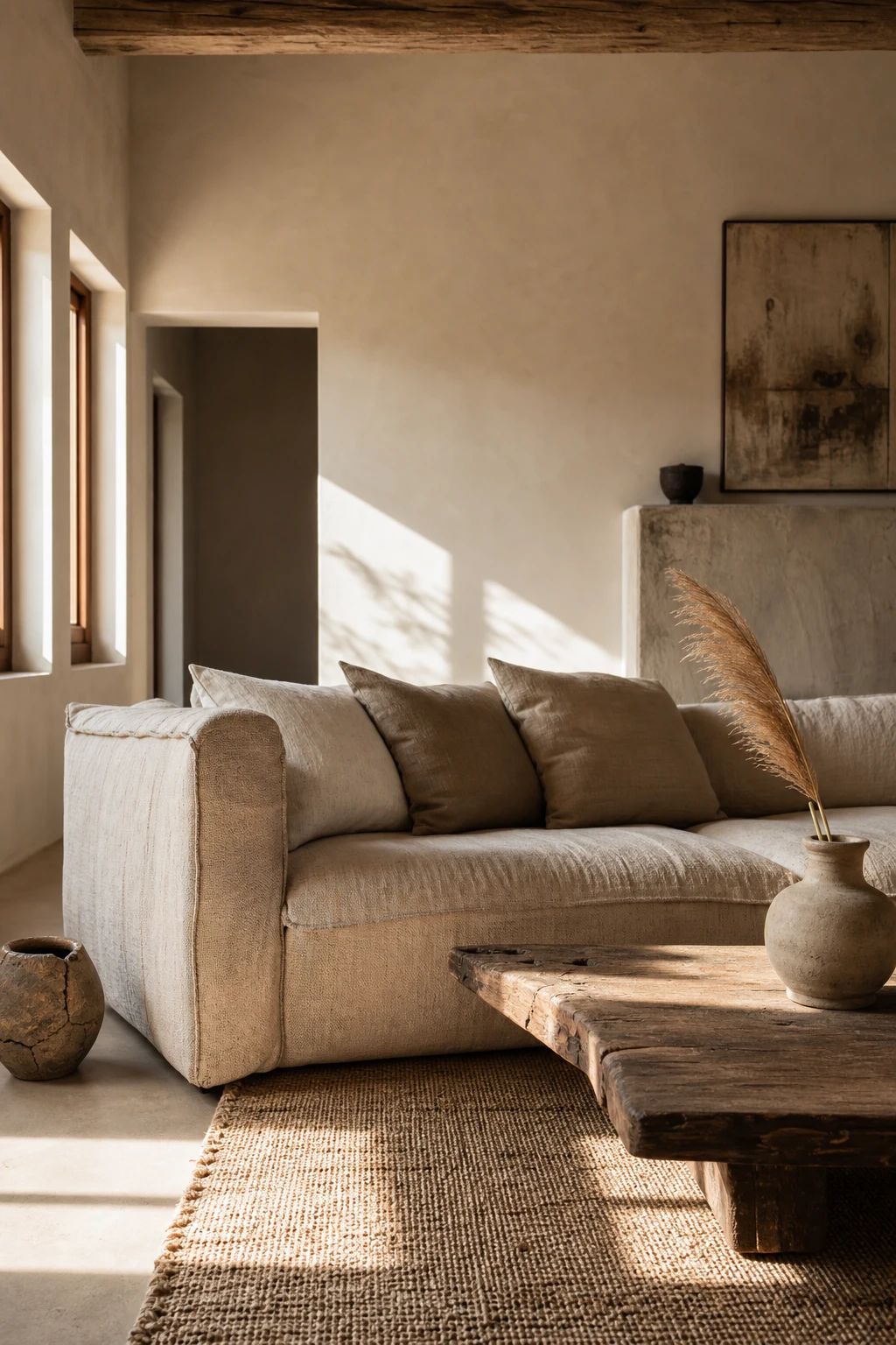 Earthy minimalist living room with wabi sabi beauty, featuring raw linen seating, a cracked clay vessel, and Farrow & Ball Tallow painted walls in warm afternoon light