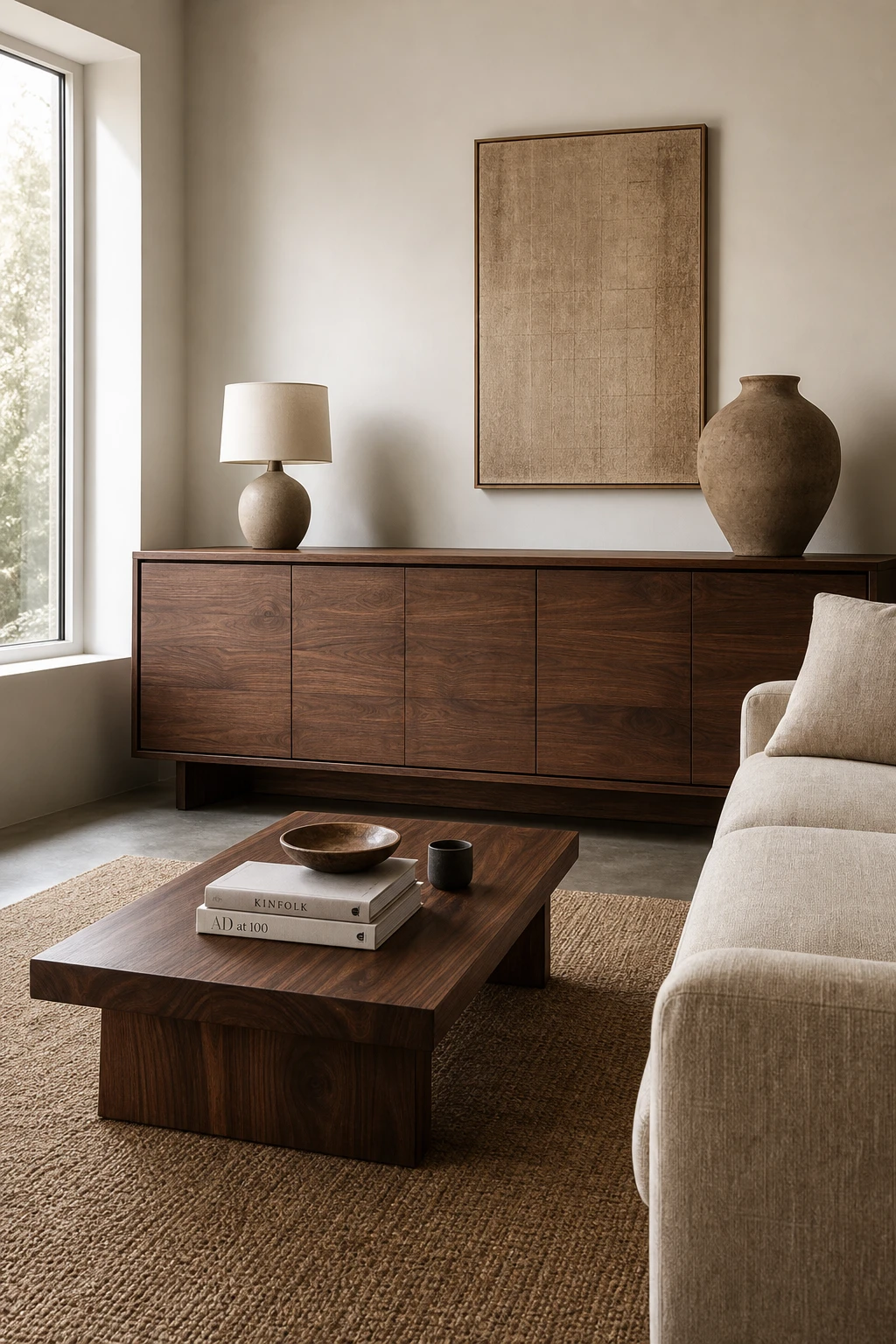Earthy minimalist living room with walnut furniture as the hero, pale neutral walls, linen sofa, woven rug and tall window in soft morning light
