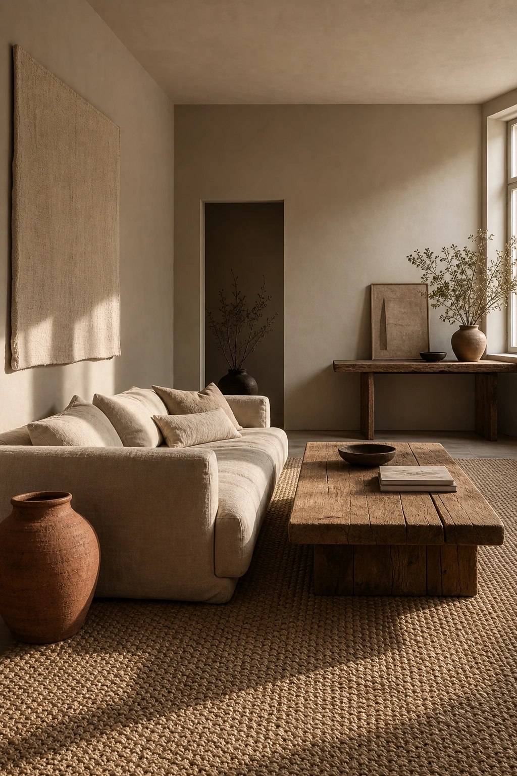 Earthy minimalist living room with warm rustic base featuring raw linen sofa, reclaimed wood coffee table, jute rug, and Farrow and Ball Drop Cloth painted walls in soft afternoon light