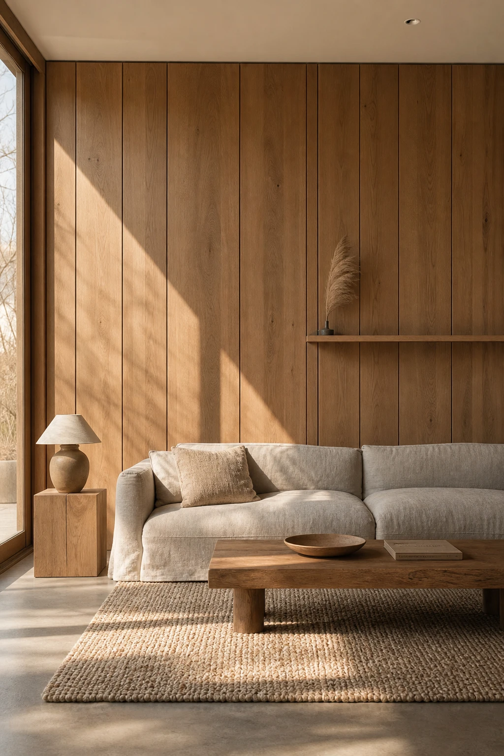 Earthy minimalist living room with warm wood panel walls, low linen sofa, woven rug, and Farrow and Ball Matchstick painted ceiling in soft afternoon light