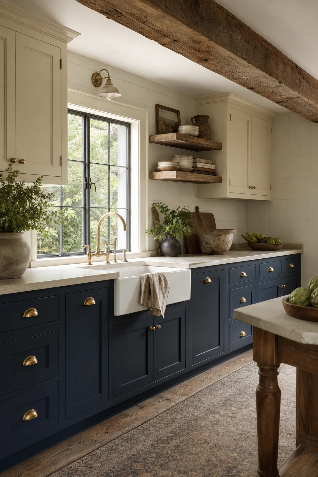 Farmhouse kitchen with navy blue lower cabinets painted Farrow and Ball Hague Blue, shiplap walls, open shelving, apron sink, and warm natural wood accents