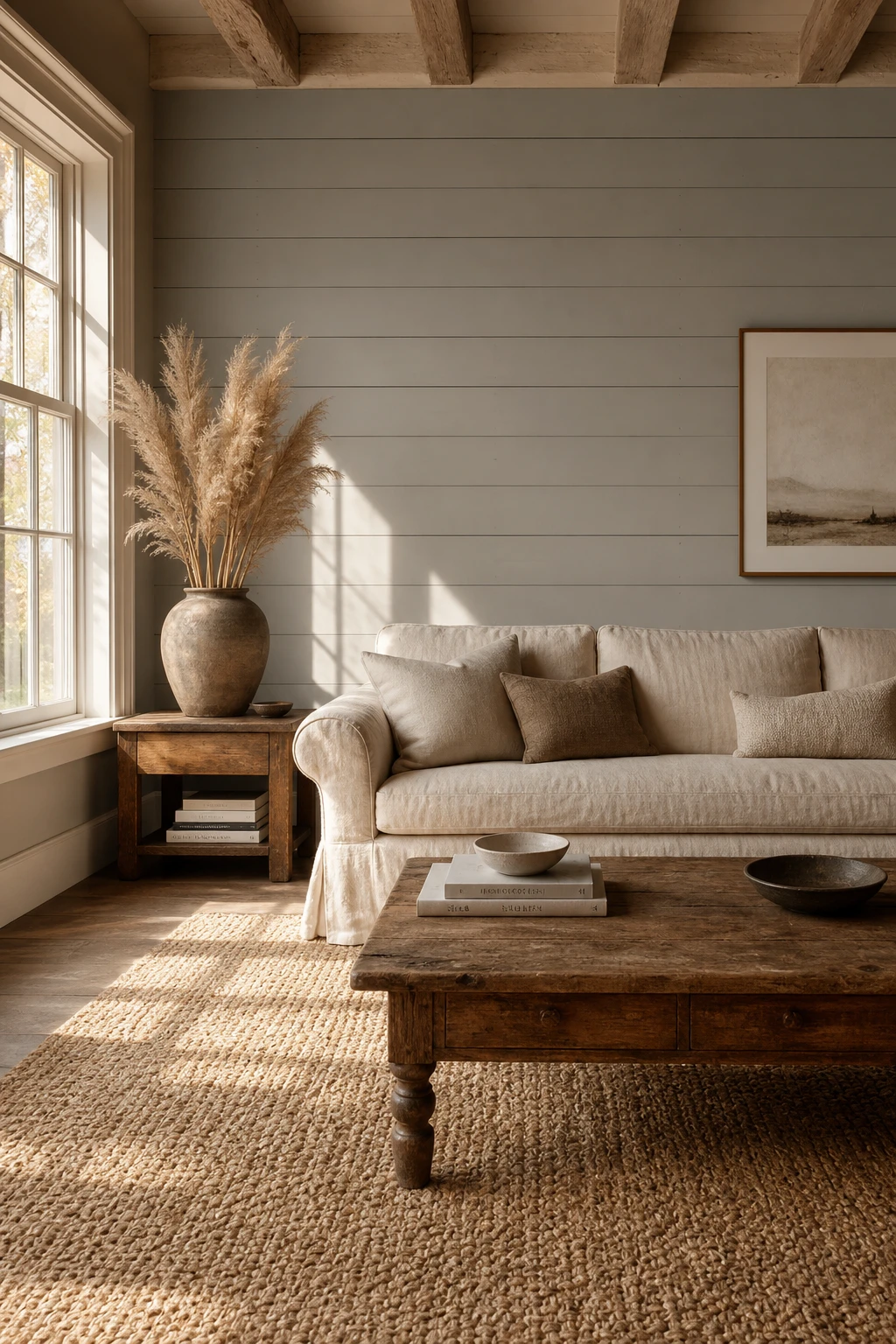 Farmhouse living room with a soft light grey accent wall, shiplap texture, linen sofa, woven rug, and warm afternoon light flooding through tall windows