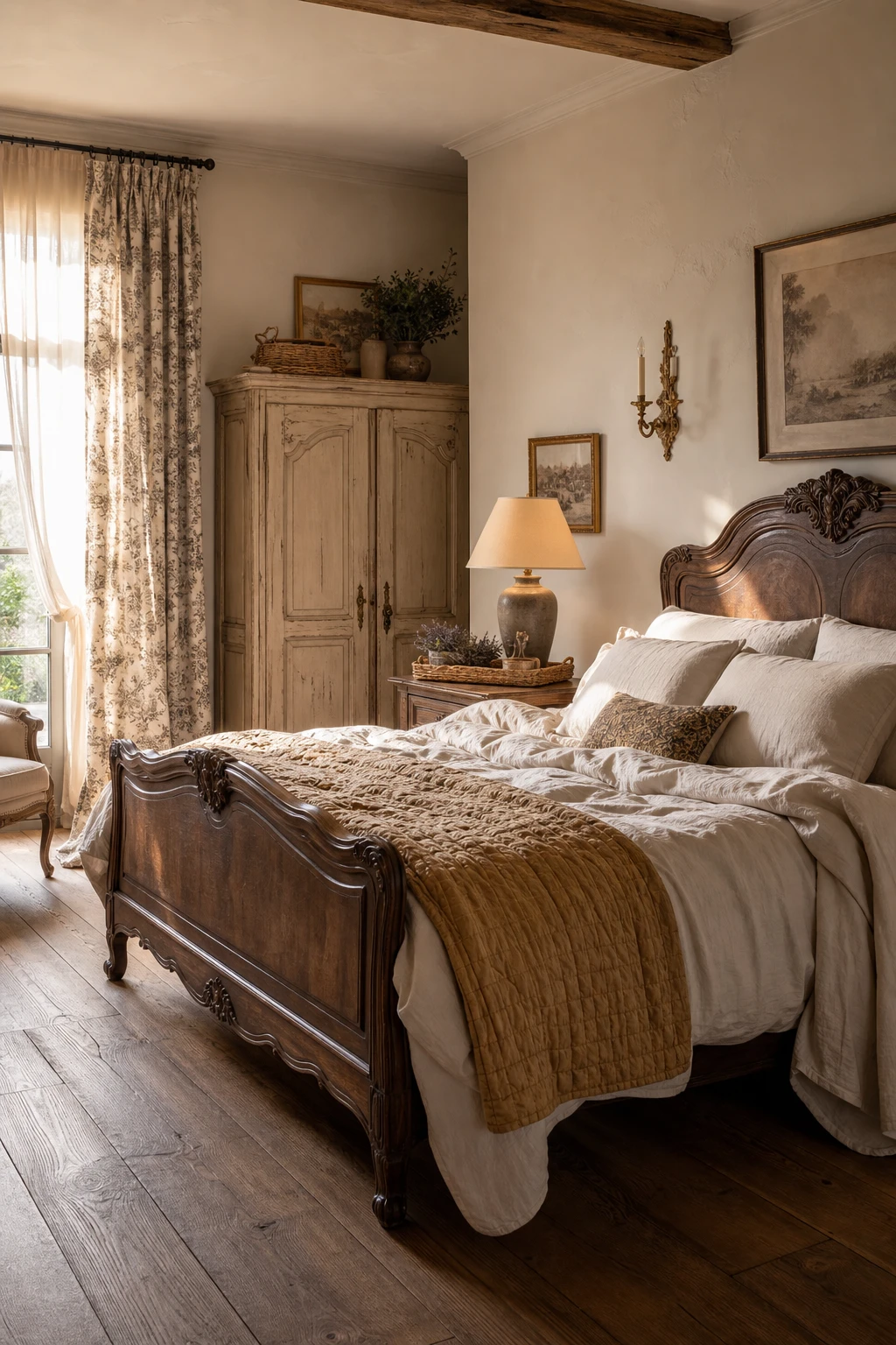 French Country brown and cream bedroom with carved wooden bed, linen bedding, toile curtains, aged armoire and warm morning light on Farrow and Ball Pantalon painted walls