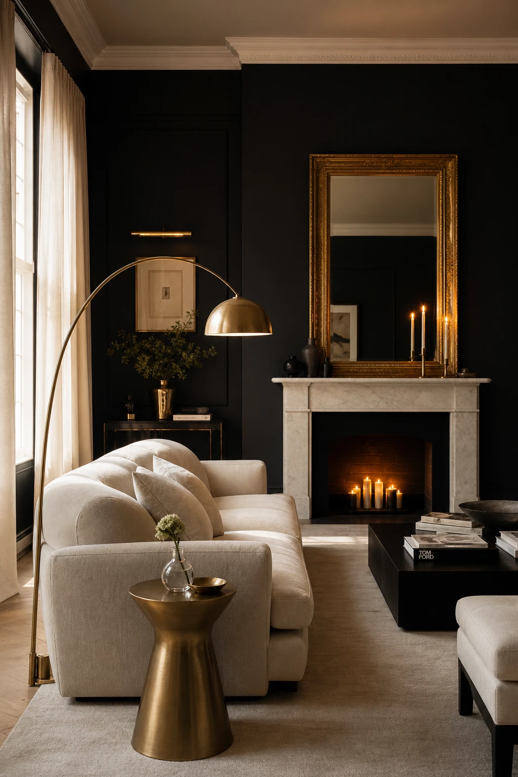Glamorous black and cream interior design with gold accents, featuring Off Black walls, cream upholstery, and warm metallic details in soft evening light