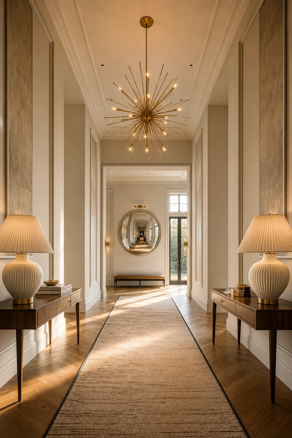 Grand midcentury glam hallway with lobby scale proportions, symmetrical console tables, statement pendant lighting, and Farrow & Ball Elephant's Breath walls