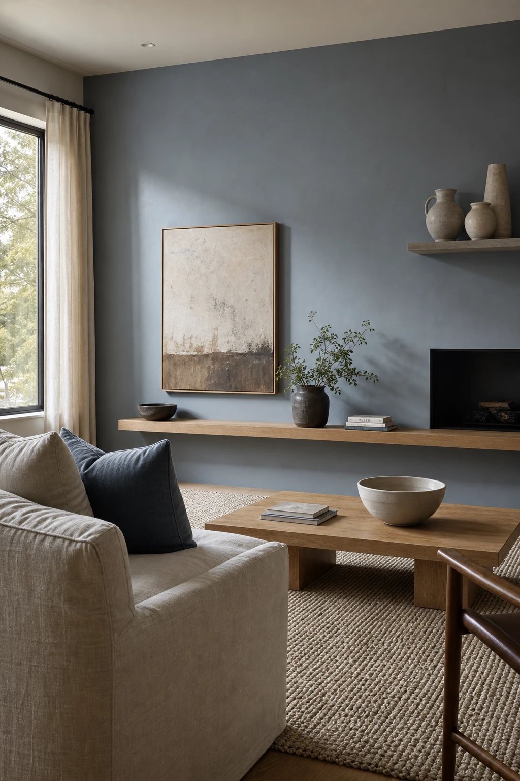 Gray accent wall living room featuring a blue grey painted wall with linen sofa, natural wood coffee table, textured rug, and soft afternoon light