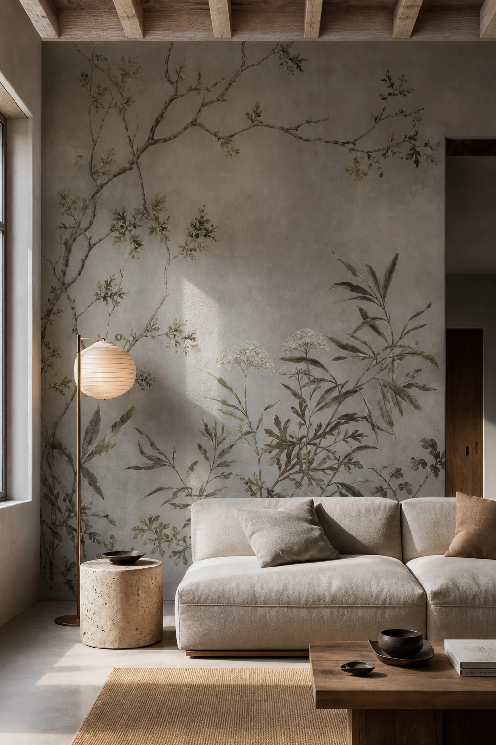 Gray accent wall living room featuring a hand painted wall mural in Farrow and Ball Purbeck Stone grey with minimal modern furnishings and warm natural light