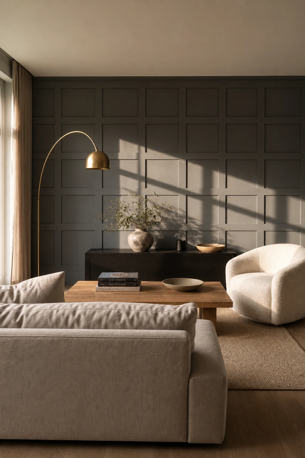 Gray accent wall living room featuring grey wall paneling painted in Farrow and Ball Manor House Gray with linen sofa, brass floor lamp, and oak herringbone floor