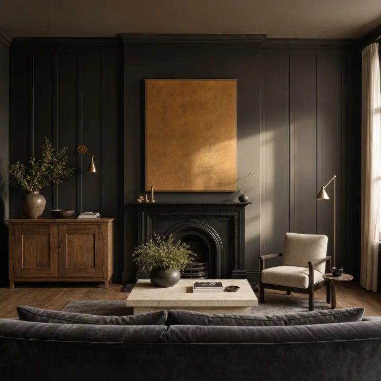Gray accent wall living room with deep charcoal board and batten panelling, a dark velvet sofa, cast iron fireplace, wide oak floors and warm late afternoon light from the right.