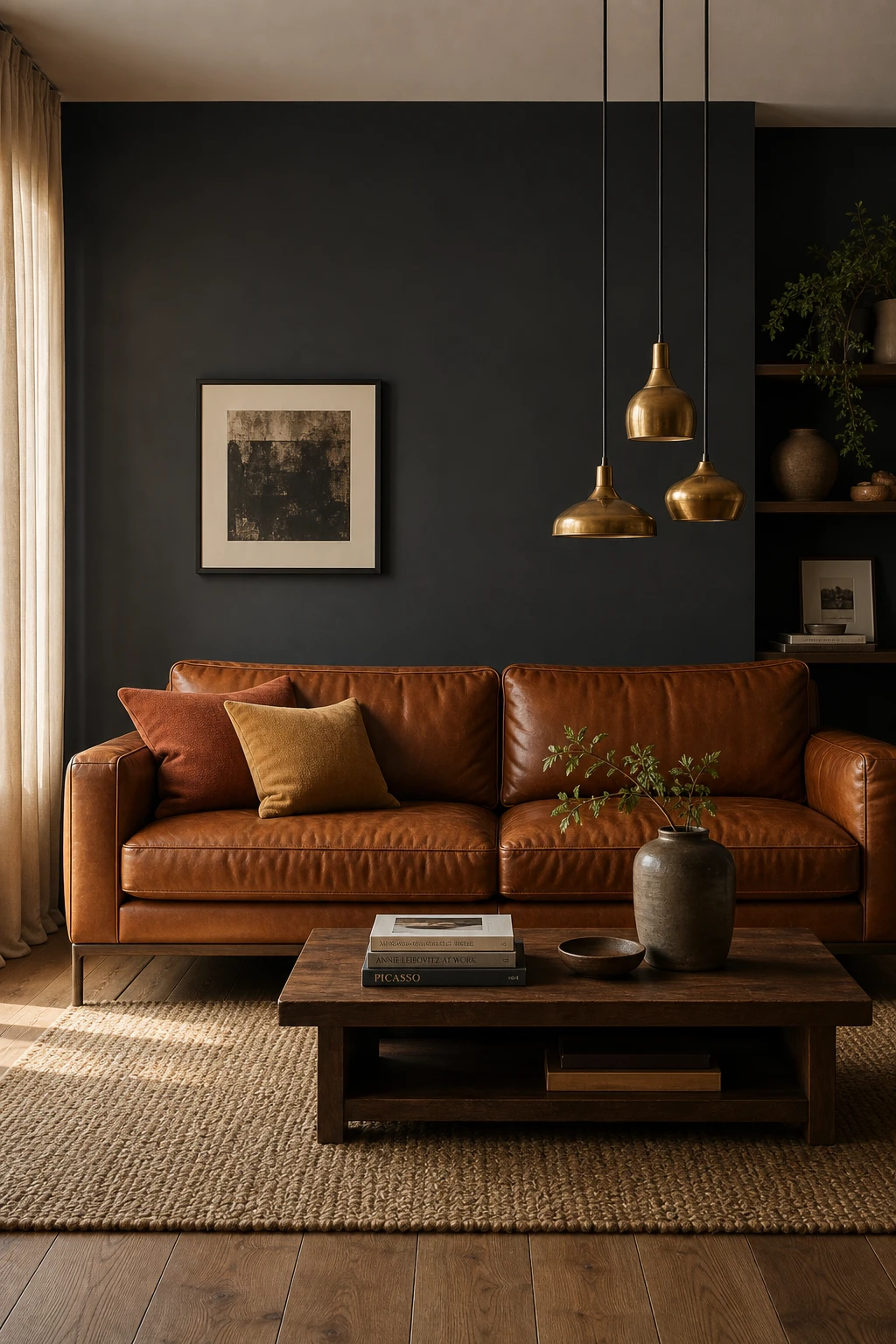Gray accent wall living room with a brown leather sofa as hero, styled with warm textiles and brass accents against Farrow and Ball Down Pipe paint
