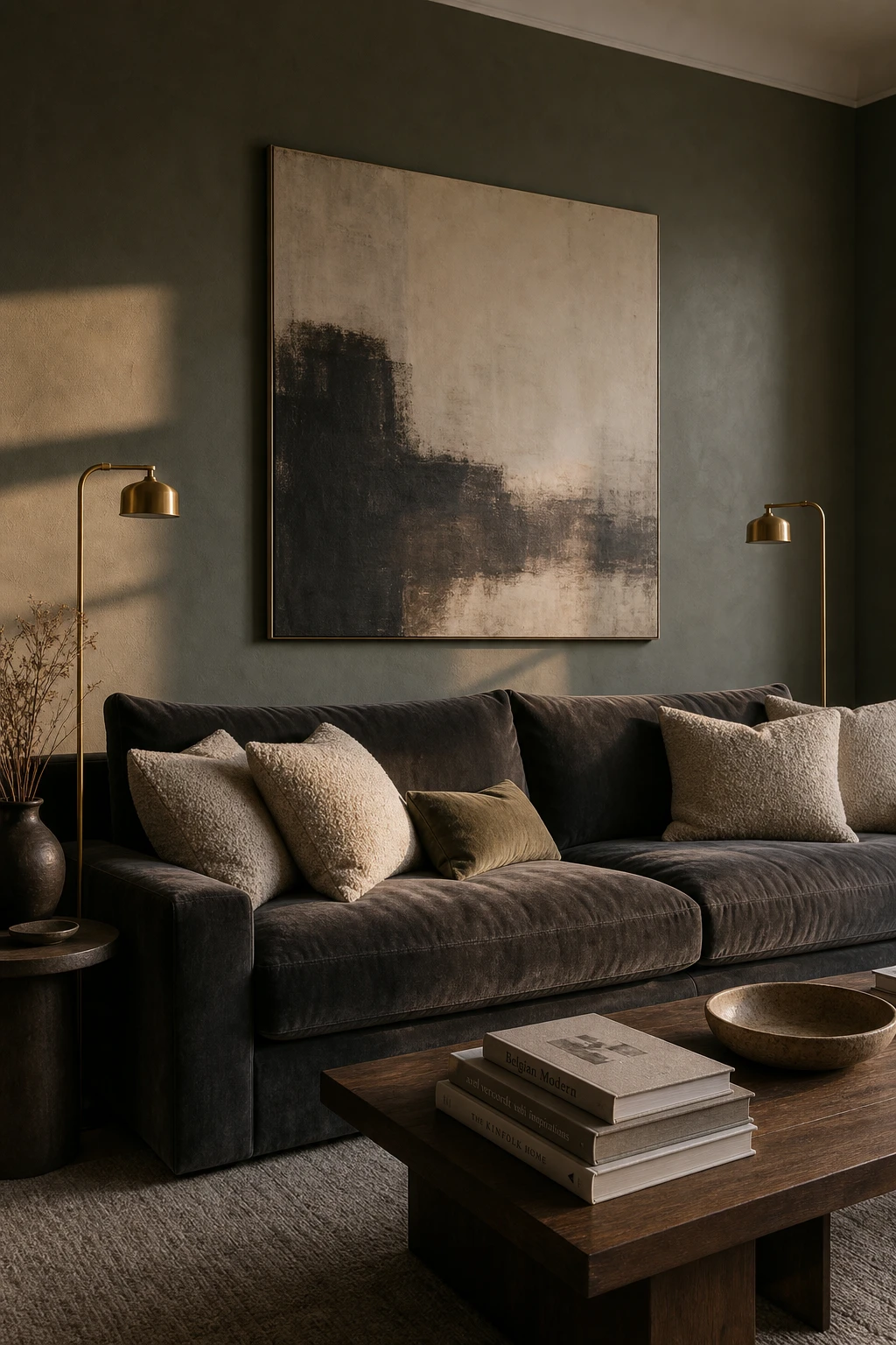 Gray accent wall living room with a dark velvet sofa as the hero piece anchored against Farrow and Ball Reduced Green painted wall in soft natural light