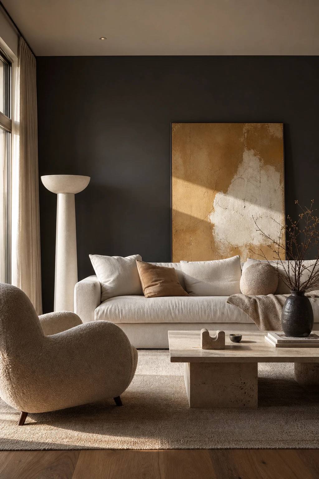 Gray accent wall living room with a deep dark grey feature wall in Farrow and Ball Down Pipe paint anchoring a styled seating area in natural light