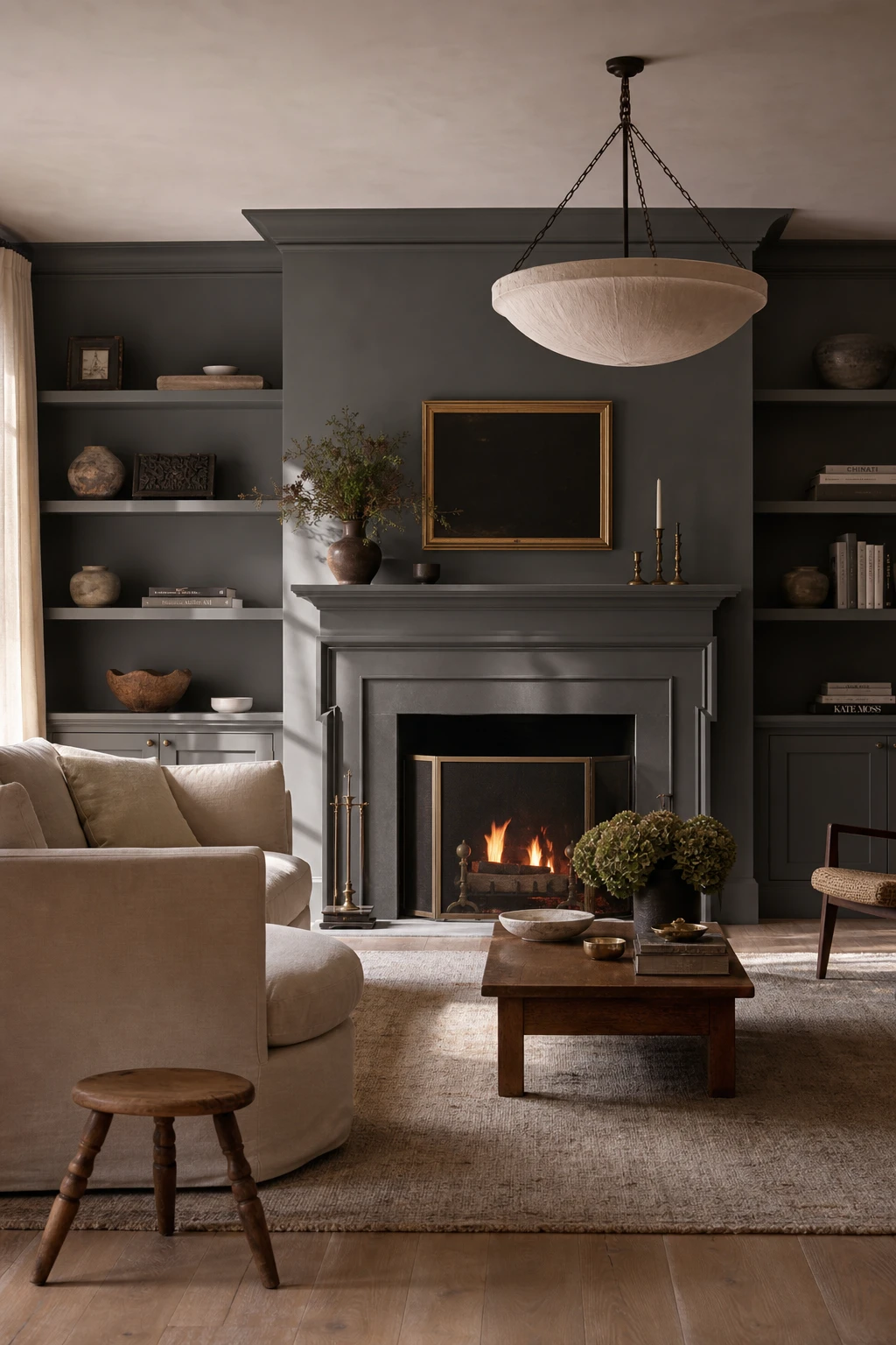 Gray accent wall living room with a grey fireplace as the focal point, dressed in Farrow & Ball Manor House Gray paint with flanking built ins and warm evening light