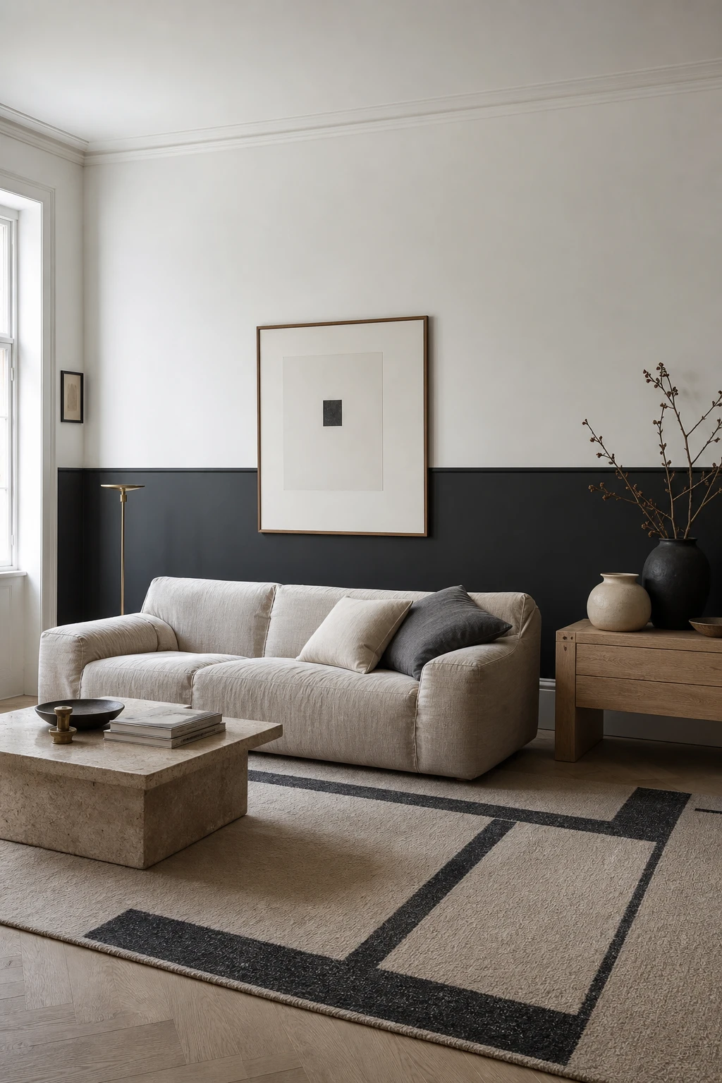 Gray accent wall living room with a half and half wall dividing Farrow and Ball Beetle Black below and crisp white above, reshaping the room's proportions