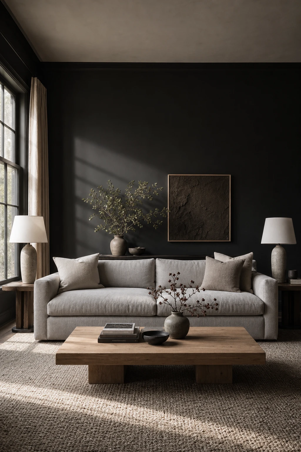 Gray accent wall living room with a light grey sofa as the focal piece, balanced against a deep Farrow and Ball Beetle Black painted feature wall