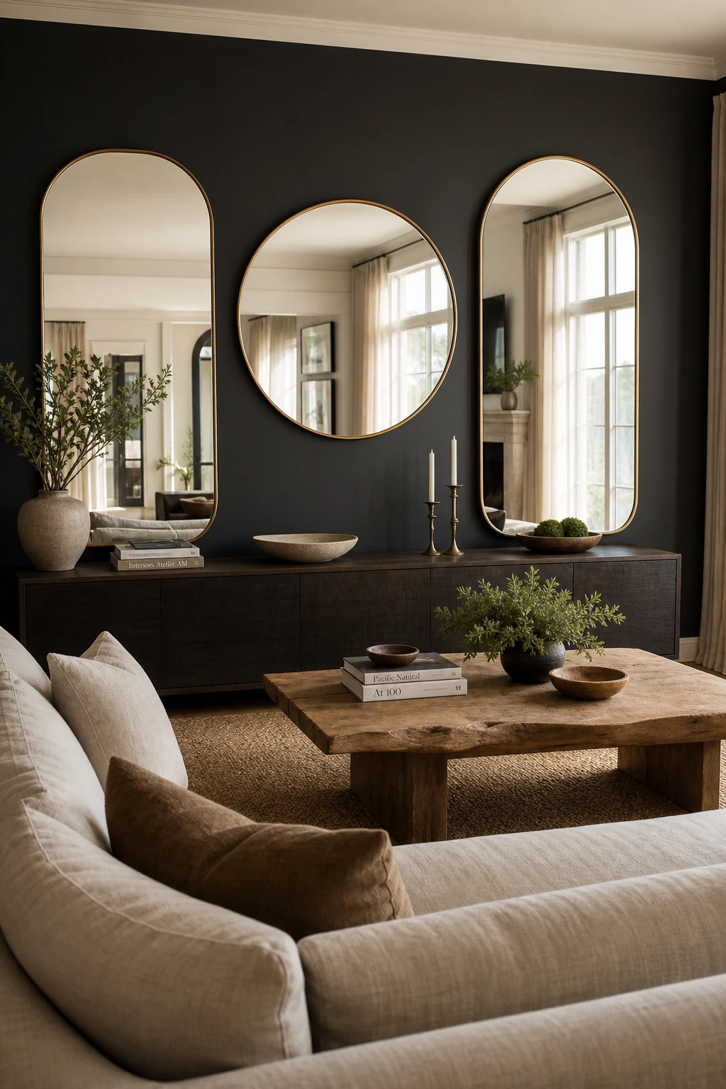 Gray accent wall living room with a mirror gallery wall in deep charcoal, reflecting natural light across neutral furnishings and warm wood floors