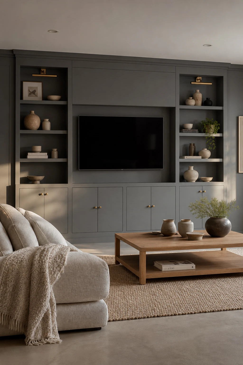 Gray accent wall living room with a sleek media wall painted Pavilion Gray featuring built in shelving, recessed TV alcove, and concealed storage cabinetry
