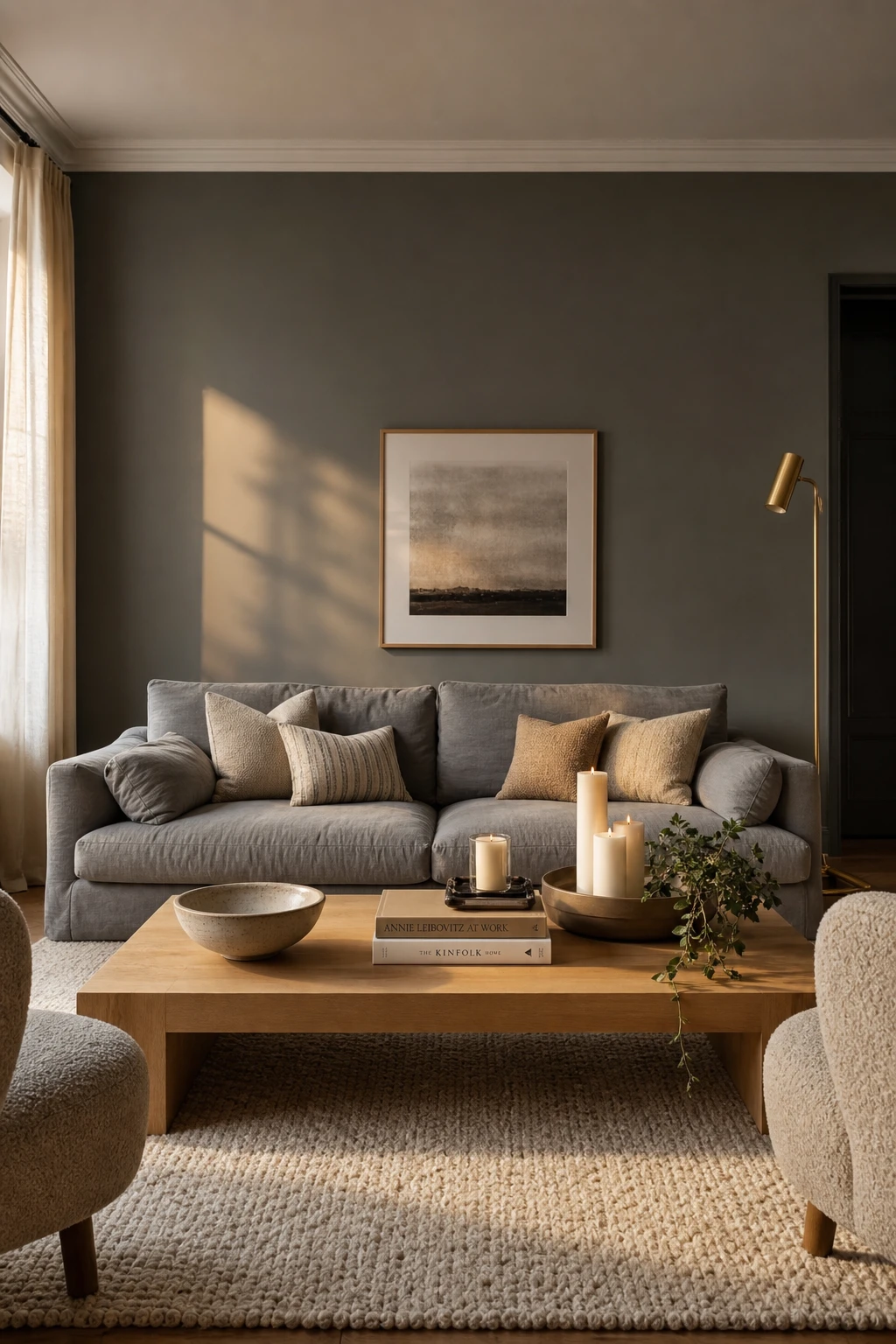 Gray accent wall living room with a styled coffee table as the focal point, dark grey Hopper Head painted wall behind a grey couch and layered tray styling
