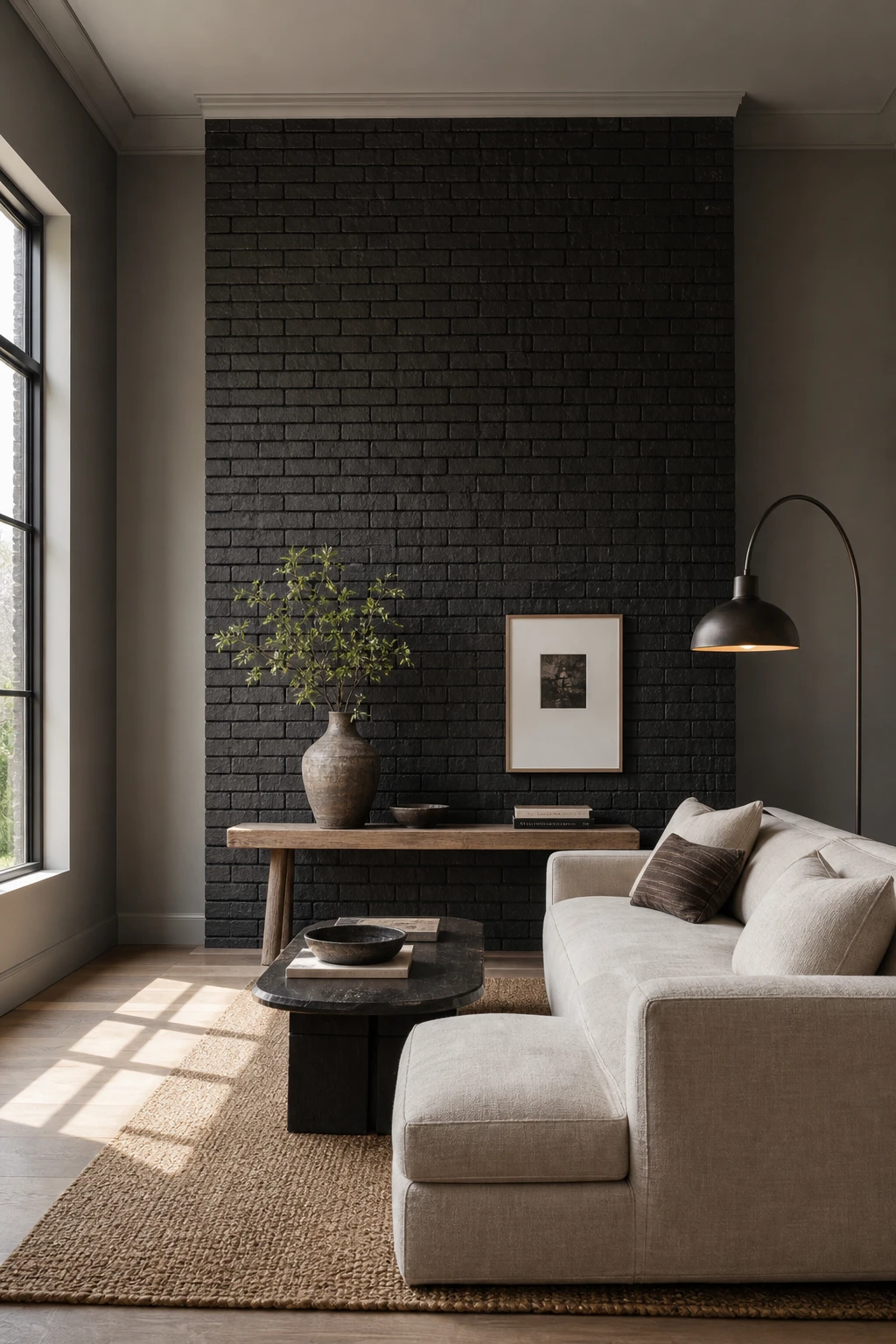 Gray accent wall living room with black brick as the hero wall, balanced by pale furnishings and natural light, Farrow and Ball Plummett painted trim