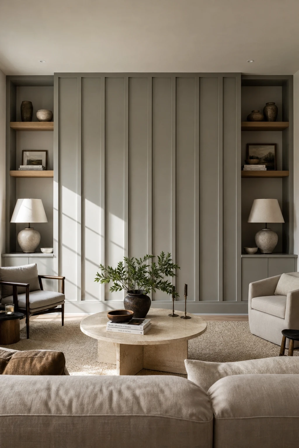 Gray accent wall living room with board and batten trim painted Farrow and Ball Lamp Room Gray, flanked by built in shelves and lit by afternoon side light